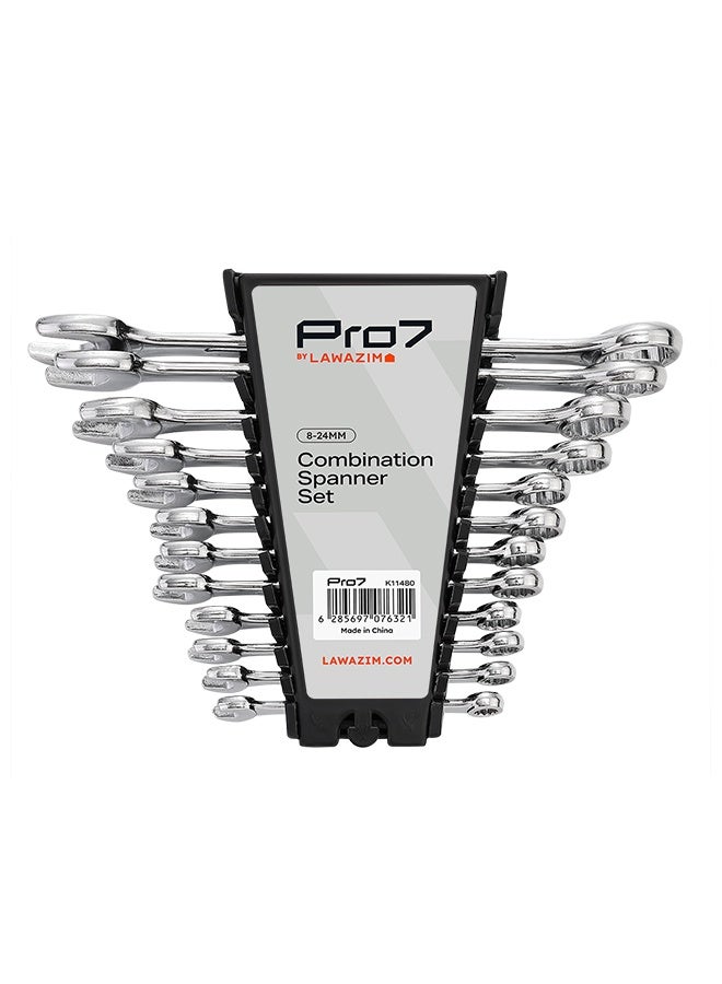 لوازم برو7 طقم مشترك 12 قطعة من 8 الى 24 متر - 12 قطعة - مجموعة مفاتيح مسننة بتصميم مفتوح ومغلق، مقبض مانع للانزلاق، آلية عزم دوران قوية، حقيبة تخزين عملية - مناسب للسيارة، المنزل وورش العمل - Image 1